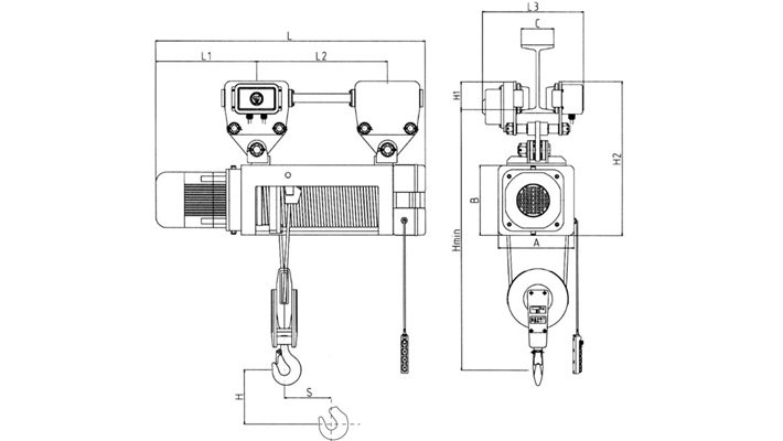 懸掛式鋼絲繩電動葫蘆結構尺寸圖