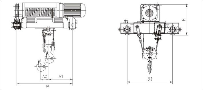 SH型雙梁小車式鋼絲繩電動葫蘆結構尺寸圖