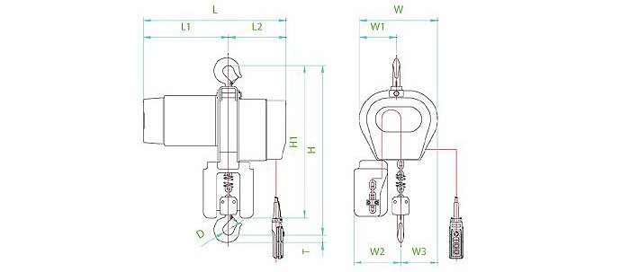 DE型進口環鏈電動葫蘆結構尺寸圖片